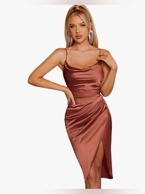 Satin Slip Cowl Neck Midi Dress in Copper